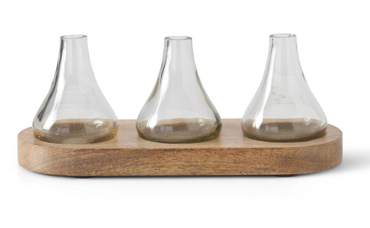 11.75 INCH BUD VASES ON WOOD TRAY