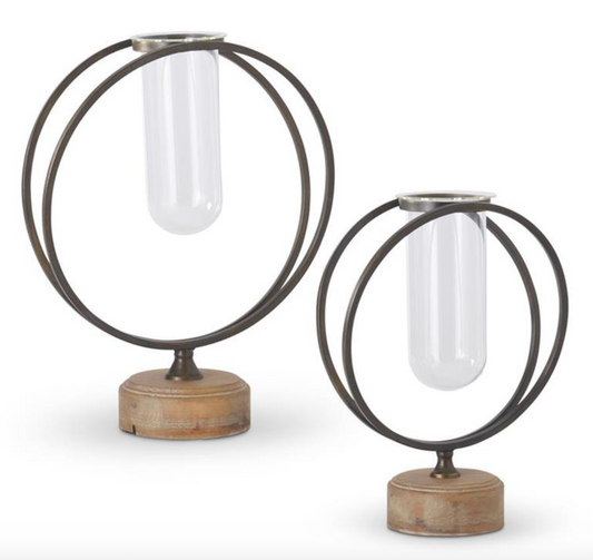 SET OF 2 GLASS TEST TUBE VASES IN ROUND METAL FRAME W/WOOD BASES