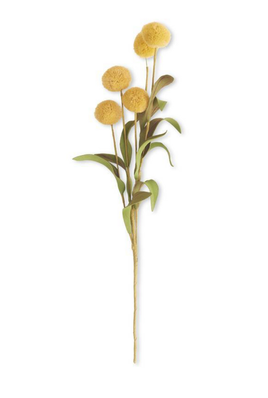 13 INCH YELLOW 5 BALL POMPOM PICK W/GREEN EVA LEAVES
