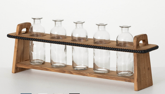 GLASS VASES WITH WOODEN STAND