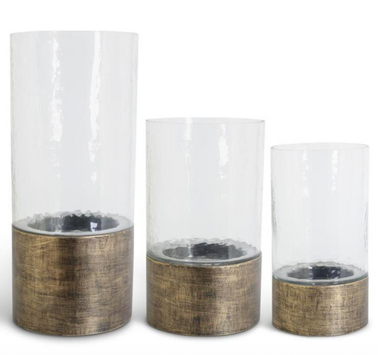 SET OF 3 WAVY GLASS HURRICANES ON COPPER METAL BASES