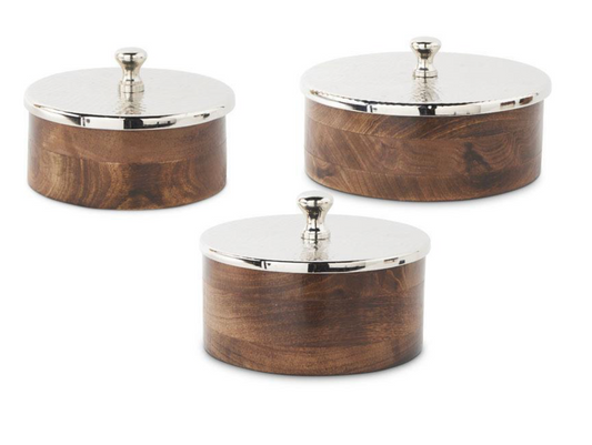 SET OF 3 ROUND WOOD BOXES W/HAMMERED LIDS