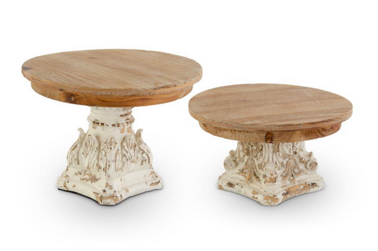 SET OF 2 WEATHERED WHITE RESIN RISERS W/NATURAL WOOD TOPS