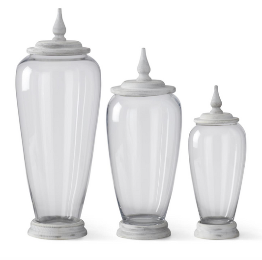 SET OF 3 GLASS JARS W/WHITE WOOD BASE AND LIDS
