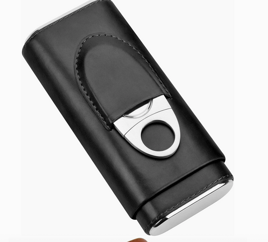 Genuine Leather Cigar Case, Wood Lined Humidor with Cutter Black