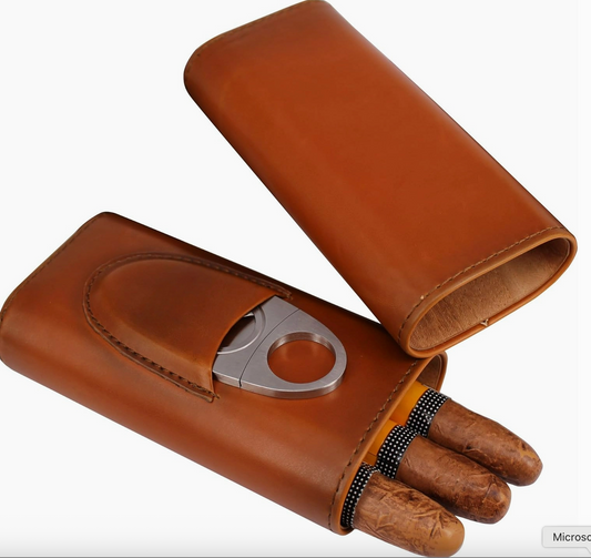 Genuine Leather Cigar Case, Wood Lined Humidor with Cutter Brown