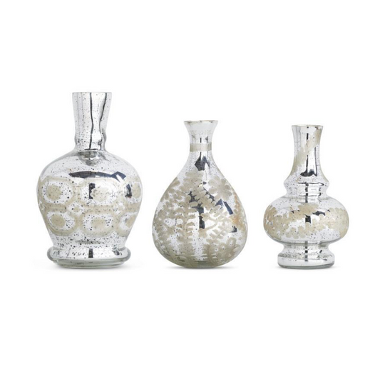 ASSORTED SILVER MERCURY GLASS ETCHED BUD VASES W/ETCHING (Set of 3)