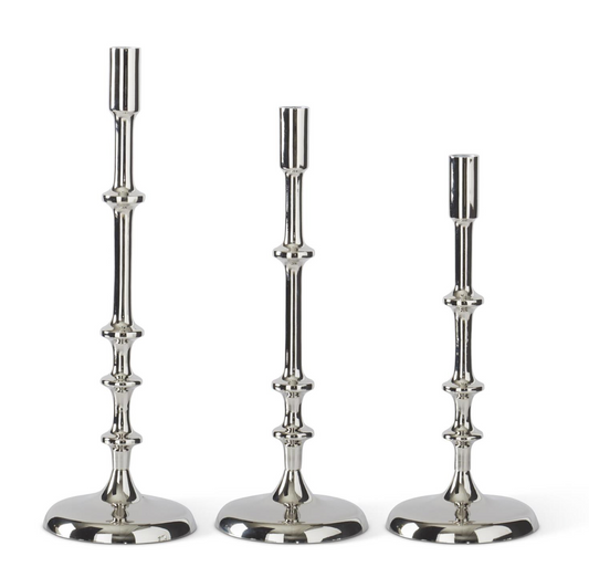 Set of 3 Silver Metal Ribbed Taper Candleholders