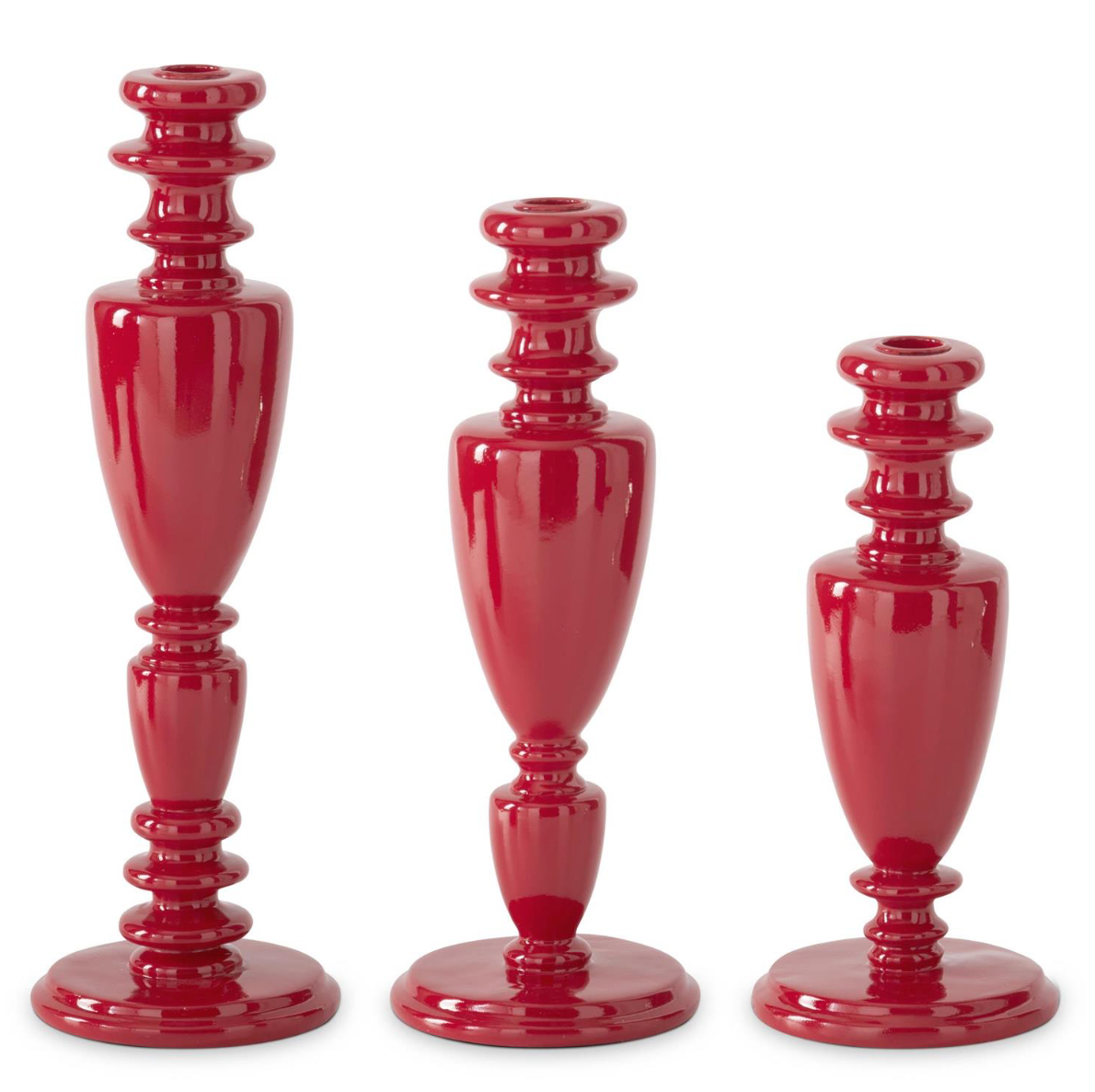 SET OF 3 GLOSSY RED RESIN TAPER CANDLEHOLDERS