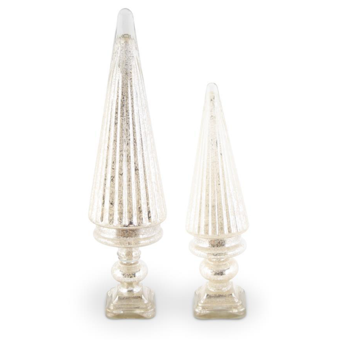 SET OF 2 RIBBED SILVER MERCURY GLASS LED TREES ON SQUARE PEDESTALS