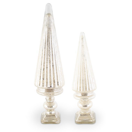 SET OF 2 RIBBED SILVER MERCURY GLASS LED TREES ON SQUARE PEDESTALS