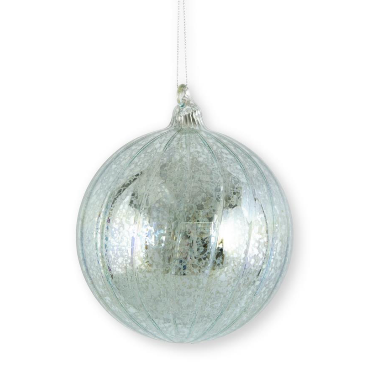 LIGHT BLUE RIBBED MERCURY GLASS ROUND ORNAMENT