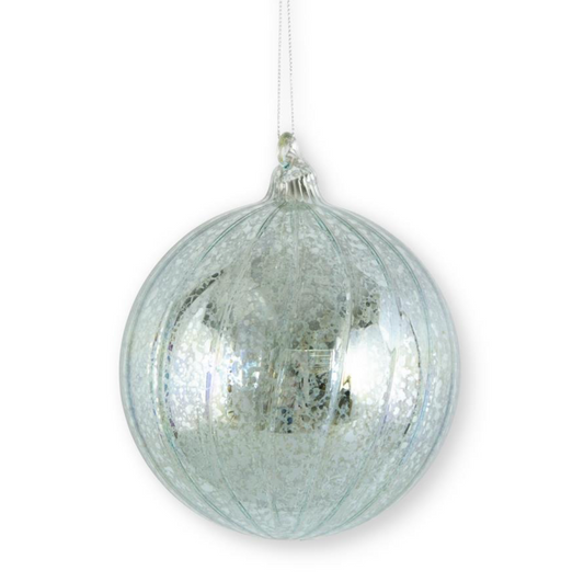 LIGHT BLUE RIBBED MERCURY GLASS ROUND ORNAMENT
