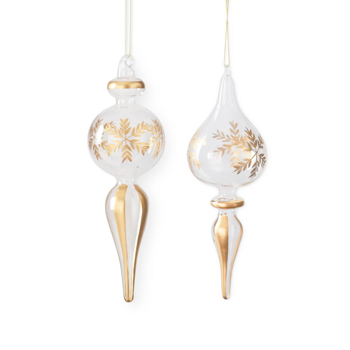 FINIAL CLEAR GLASS GOLD ETCHED SNOWFLAKE ORNAMENT