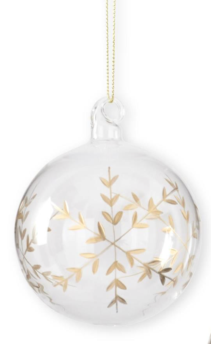 ASSORTED CLEAR GLASS GOLD ETCHED SNOWFLAKE ORNAMENTS (3 STYLES)