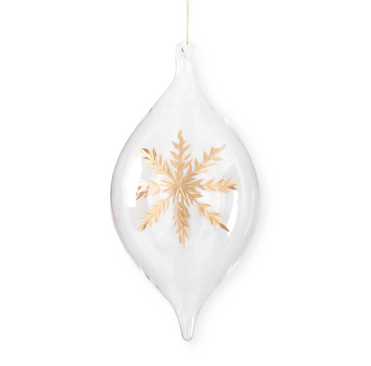 TEARDROP CLEAR GLASS GOLD ETCHED SNOWFLAKE ORNAMENT