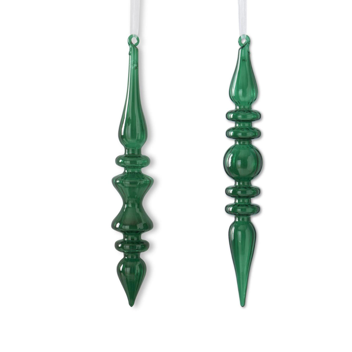 ASSORTED GREEN GLASS DROP FINIAL ORNAMENTS (2 STYLES)