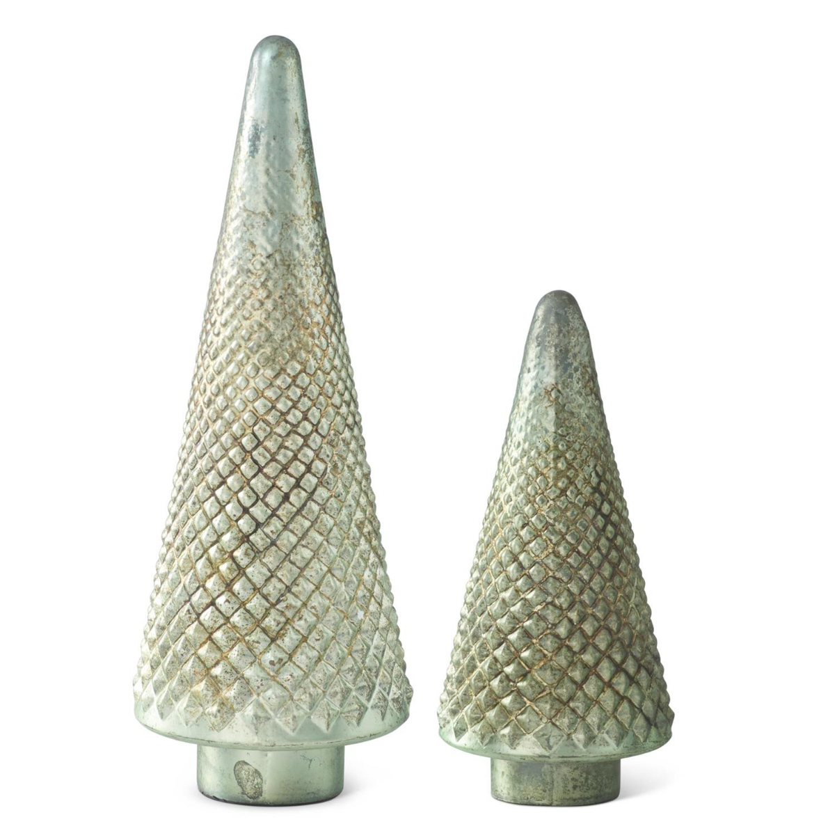 SET OF 2 DIAMOND EMBOSSED MINT GREEN DISTRESSED GLASS CHRISTMAS TREE