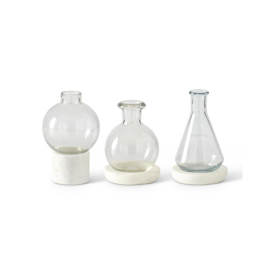 SET OF 3 CLEAR GLASS VASES ON WHITE MARBLE BASE