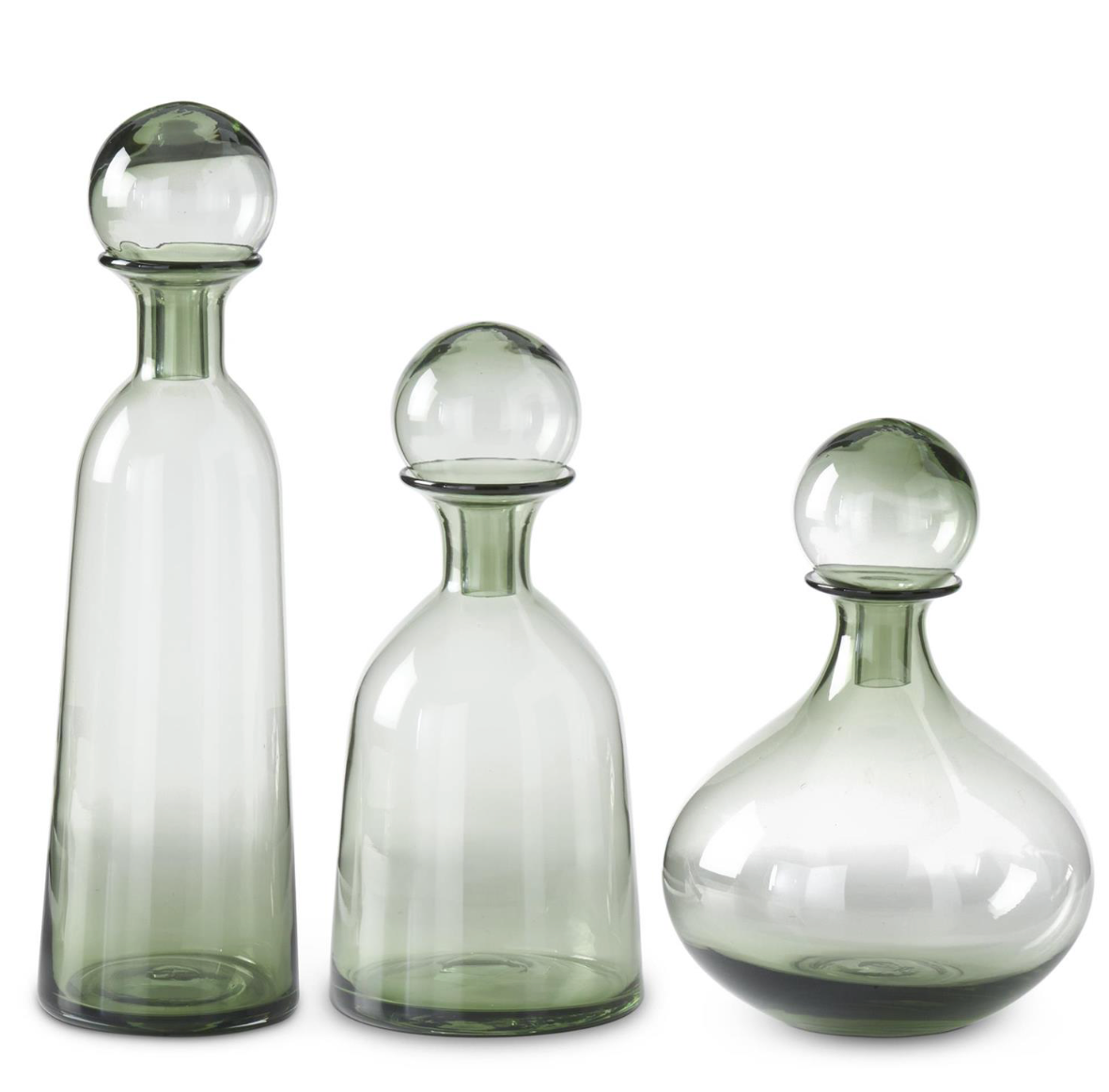 SET OF 3 GREEN TRANSPARENT GLASS VASES W/GLASS BALL STOPPERS