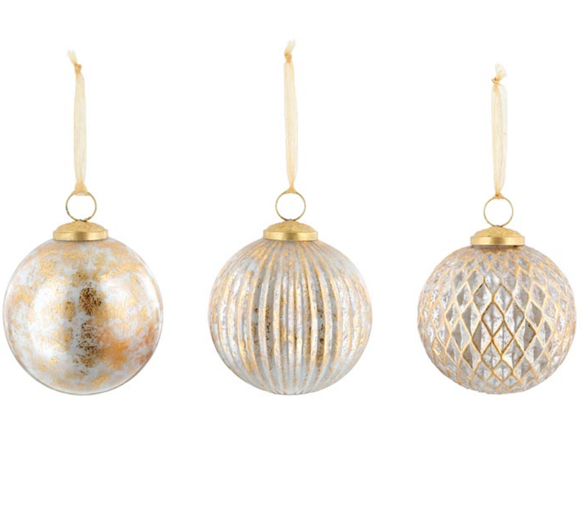 WHITE GLASS ORNAMENT WITH GOLD ACCENTS