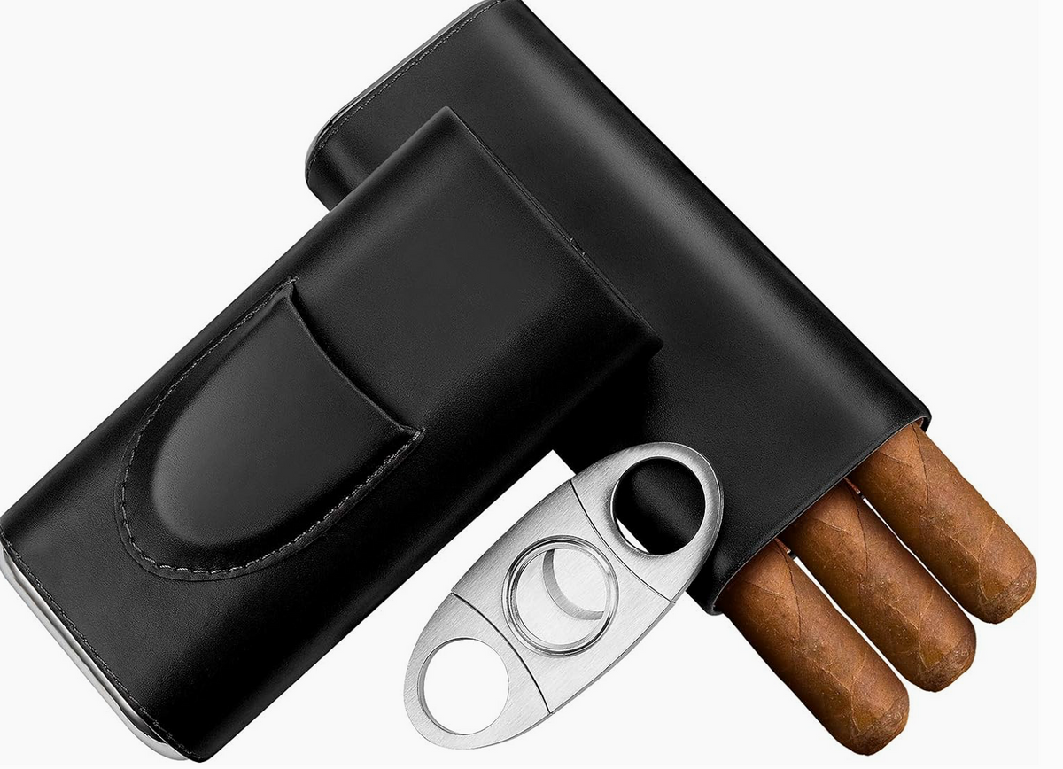 Genuine Leather Cigar Case, Wood Lined Humidor with Cutter Black