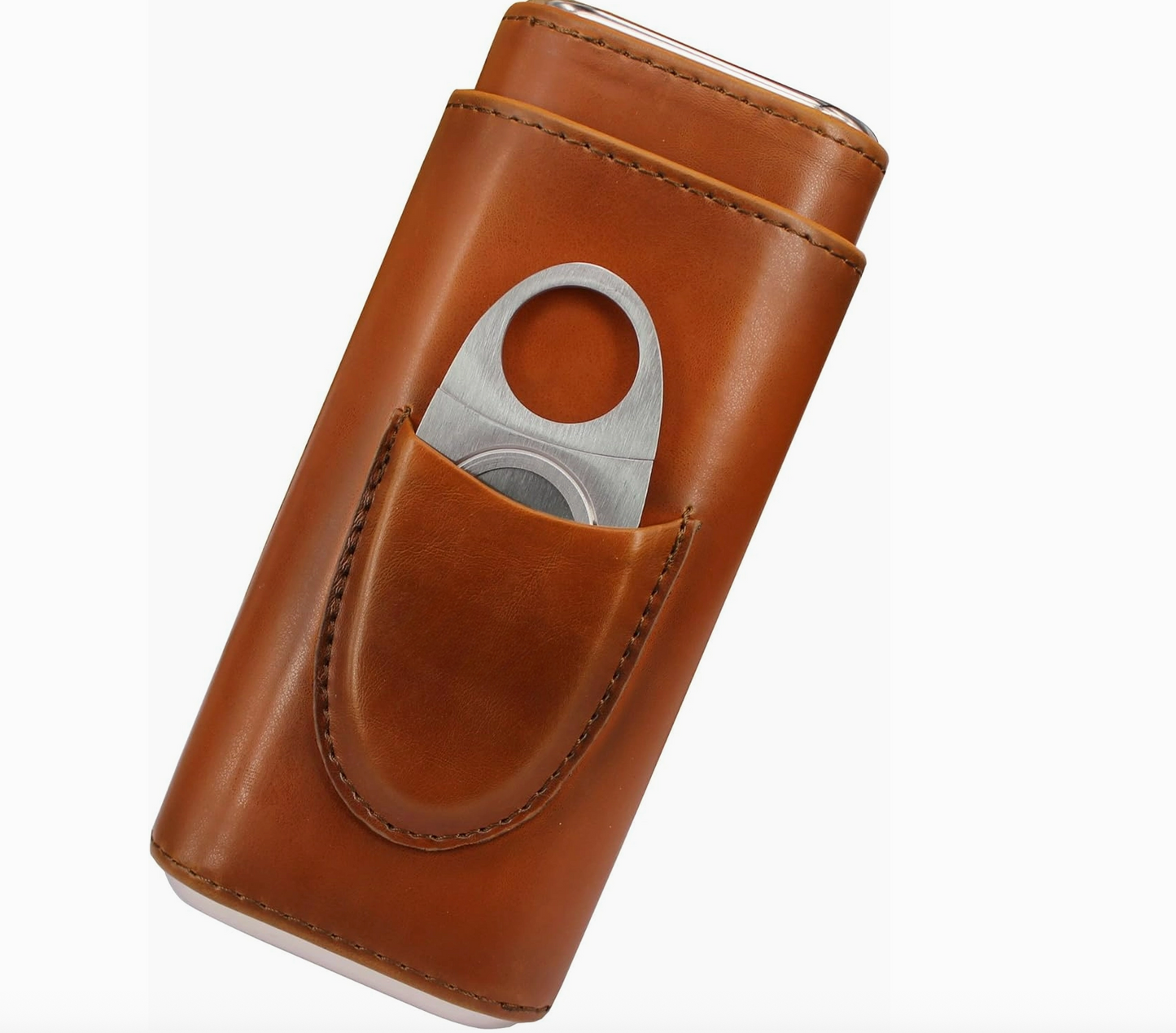 Genuine Leather Cigar Case, Wood Lined Humidor with Cutter Brown