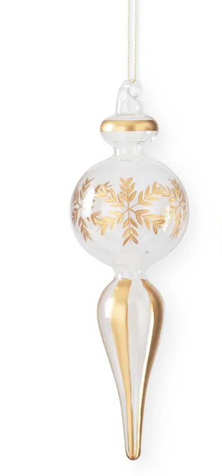 FINIAL CLEAR GLASS GOLD ETCHED SNOWFLAKE ORNAMENT